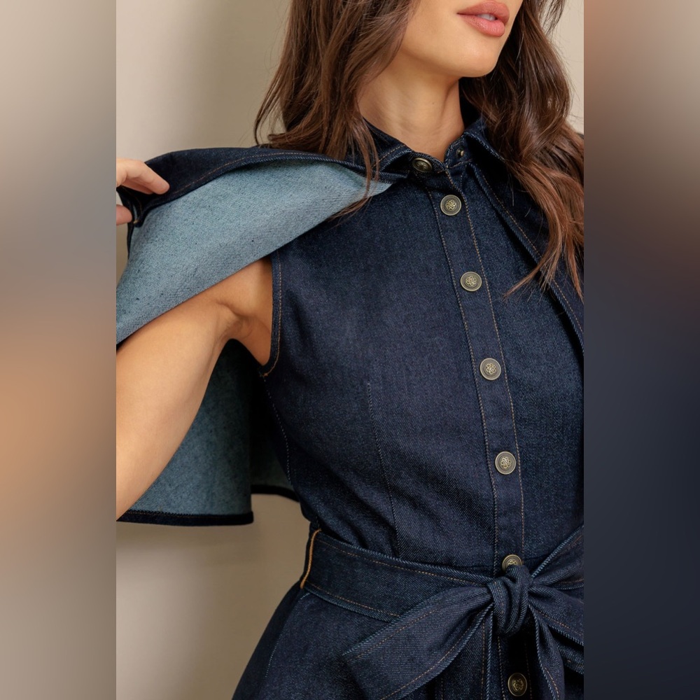 Stylish Navy Button-Up Cape Dress - Picture 10 of 10